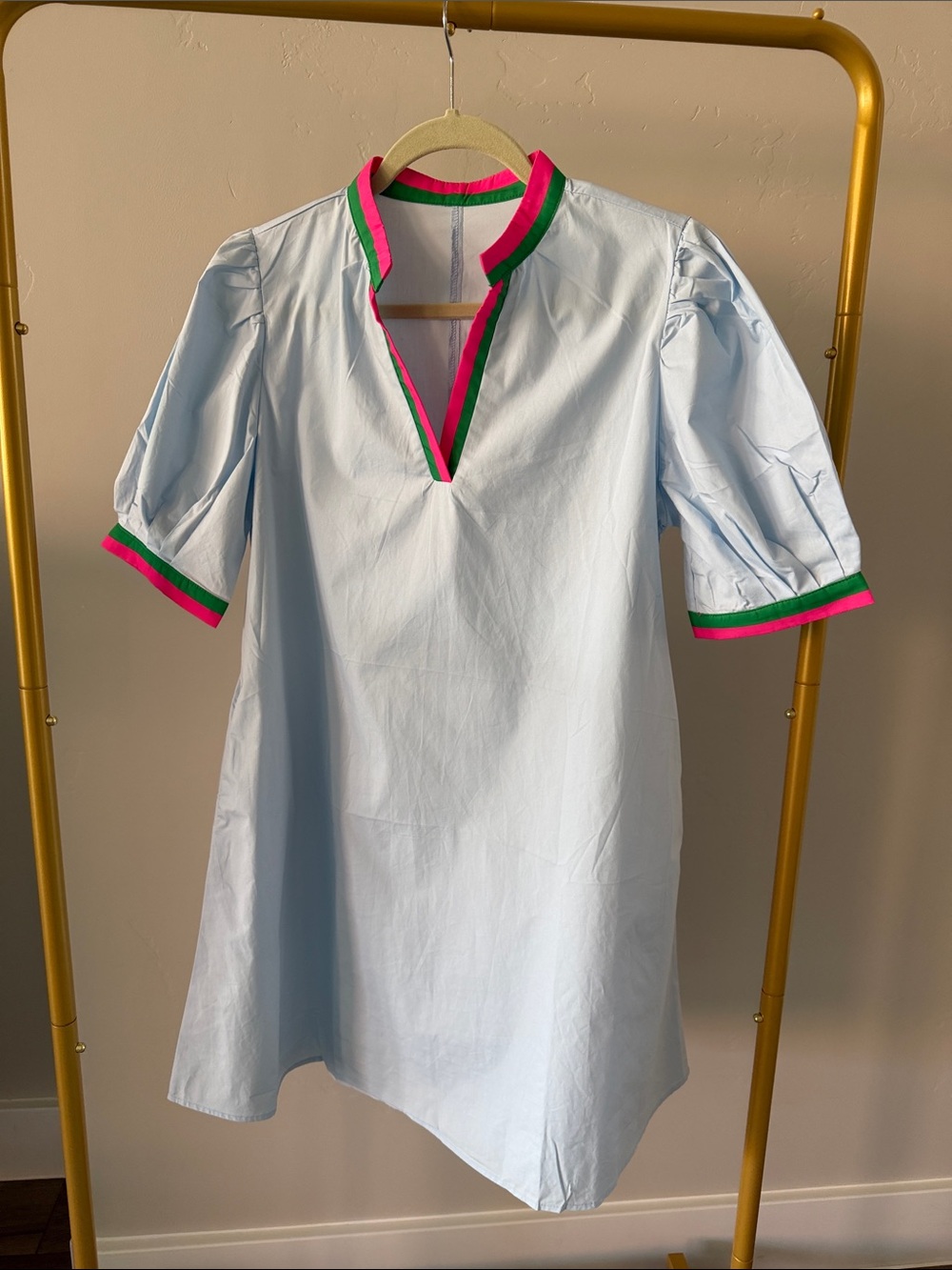 Light Blue V-Neck Swing Dress Pink & Green Trim Puff Sleeve Women’s Small NWOT - Picture 3 of 8